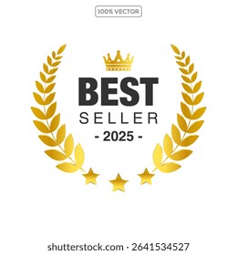  badge best seller, best choice, best price, best quality. Gold logo design with wreath laurel. Vector  illustration