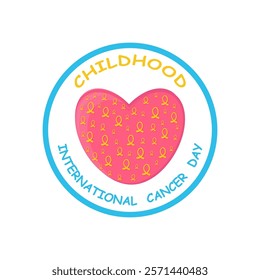 Badge with big heart and many small golden cancer ribbons for childhood cancer day. Emblem, label, sign, banner, card. Awareness, support, solidarity concept. Vector illustration.