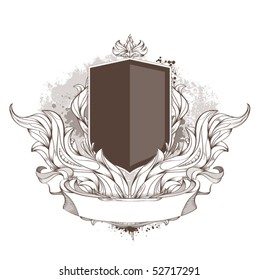 Badge and bizarre pattern on dirty background. Banner for your text. Vector illustration.