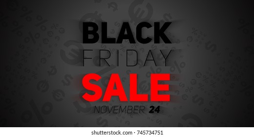 Badge with Black Friday Sale vector illustration. Background with randomly placed symbols of dollar, euro, percent, cent. Conceptual advertising design on dark background.