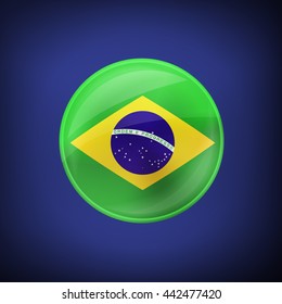 Badge with brazilian flag, shiny brazil badge on blue background, vector illustration