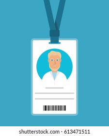 Badge card of identification for check of the personality. The character the cartoon the young doctor the blonde with a beard and wearing spectacles.With a bar code.Event staff id.Face id