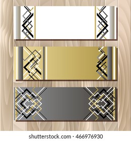 Badge and card template in art deco outline style. Holiday background mock for banner or ticket. Golden silver white and black luxury background template for sale. Vector illustration.