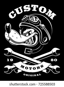 Badge with cartoon wolf biker with wrenches. VERSION FOR DARK BACKGROUND. Text is on the separate layer.