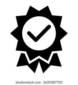 Badge Certificate Fill Icon. Black and White Ribbon Award Symbol