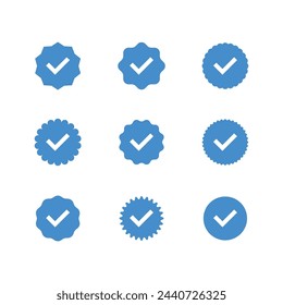 Badge check icon. Verified badge profile set. Check mark, approved profile sign. Verified account concept.