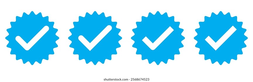 Badge check icon. Verify icon set. Blue flat star shape stickers. Verified badge profile set. Social media account verification icons. Guaranteed signs.