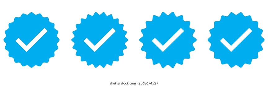 Badge check icon. Verify icon set. Blue flat star shape stickers. Verified badge profile set. Social media account verification icons. Guaranteed signs.