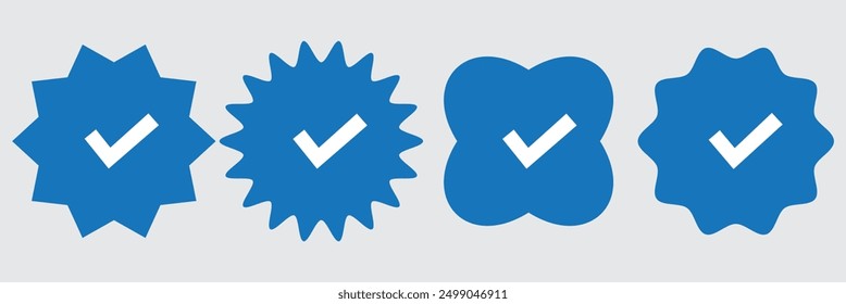 Badge check icon. Verify icon stamp. Blue flat star shape stickers. Verified badge profile set. Social media account verification icons . Isolated check mark. Guaranteed signs. Vector illustration.