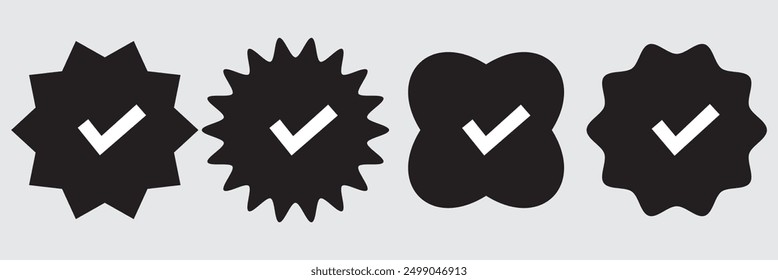 Badge check icon. Verify icon stamp. Blue flat star shape stickers. Verified badge profile set. Social media account verification icons . Isolated check mark. Guaranteed signs. Vector illustration.