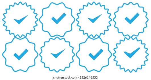 Icono de comprobación de la insignia. Comprobar sello de icono. Pegatinas de forma de estrella plana azul. Conjunto de perfiles de insignia verificado. Iconos de verificación de Cuenta de redes sociales . Marca de verificación aislada. Signos garantizados. Ilustración vectorial.