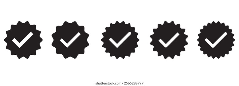 Badge check icon. Verify icon stamp. Blue flat star shape stickers. Verified badge profile set. Social media account verification icons. 