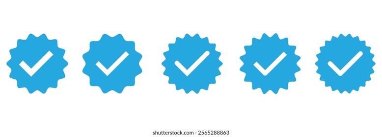 Badge check icon. Verify icon stamp. Blue flat star shape stickers. Verified badge profile set. Social media account verification icons 