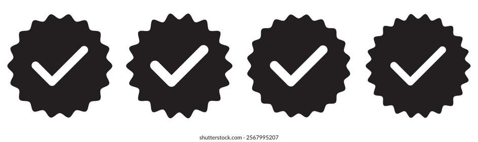 Badge check icon. Verify icon stamp. Black flat star shape stickers. Verified badge profile set. Social media account verification icons . Isolated check mark. Guaranteed signs.