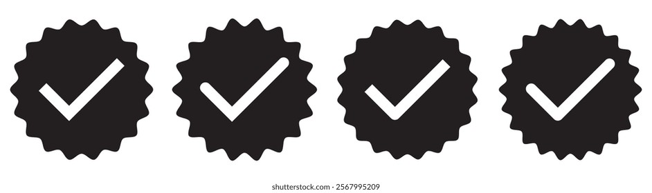Badge check icon. Verify icon stamp. Black flat star shape stickers. Verified badge profile set. Social media account verification icons . Isolated check mark. Guaranteed signs.