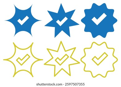 Badge check icon. Verify icon stamp. Blue flat star shape stickers. Verified badge profile set. Social media account verification icons . Isolated check mark. Guaranteed signs. Vector illustration.