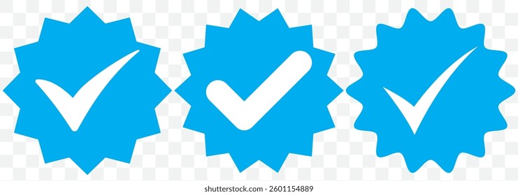 Badge check icon. Verify icon stamp. Blue flat star shape stickers. Verified badge profile set. Social media account verification icons . Isolated check mark. Guaranteed signs. Vector illustration.