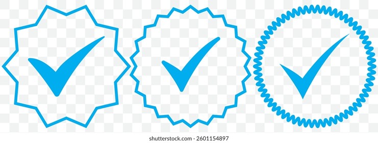 Badge check icon. Verify icon stamp. Blue flat star shape stickers. Verified badge profile set. Social media account verification icons . Isolated check mark. Guaranteed signs. Vector illustration.