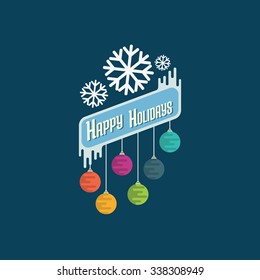 Badge for Christmas congratulation cards, flayers and banners with colorful round balls and snowflakes.