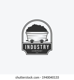 Badge of Coal Mining Cart Vintage Logo Vector, Illustration Design of Mine Trolley Concept, Emblem of Sand Cart Mining