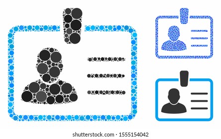 Badge composition of small circles in variable sizes and color tints, based on badge icon. Vector random circles are composed into blue illustration. Dotted badge icon in usual and blue versions.