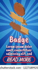 Badge concept banner. Isometric banner of badge comics vector concept for web, giftcard and postcard