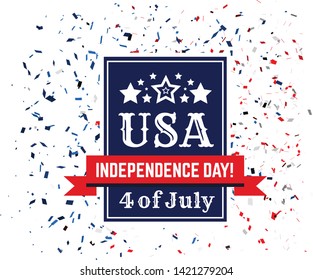 Badge of congratulations on US Independence Day. Fourth of July on the background of confetti in the colors of the American flag. Vector banner for print, sale, discount, etc