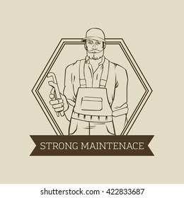 Badge with cool man plumber. Hipster worker vector logo design