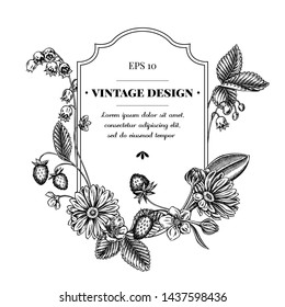 Badge design with black and white calendula, lily of the valley, strawberry