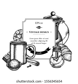 Badge design with black and white cinnamon, bar, croissants and bread, teapots, cups, sugar bowl, cookie, truffle