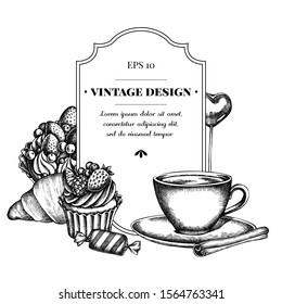 Badge design with black and white cinnamon, lollipop, candies, croissants and bread, coffee cups, cupcake, cake