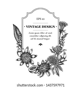 Badge design with black and white dandelion, ginger, passion flower