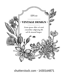 Badge design with black and white japanese chrysanthemum, blackberry lily, eucalyptus flower