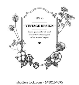 Badge design with black and white lagurus, cotton, gypsophila