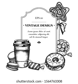 Badge design with black and white macaron, candies, paper cup, lollipop, donut, cookie