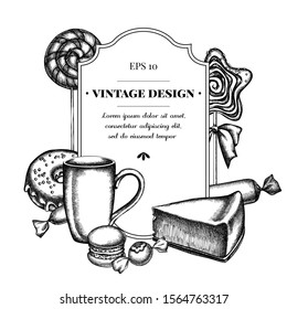 Badge design with black and white macaron, lollipop, candies, lollipop, cheesecake, cups, donut