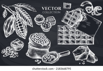Badge design with chalk cocoa beans, cocoa, chocolate, chocolate candies