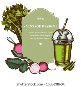 Badge design with colored beet, smoothie cup, celery
