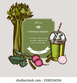 Badge design with colored beet, smoothie cup, celery