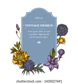 Badge design with colored bellflower, globethistle, globeflower