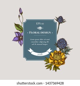 Badge design with colored bellflower, globethistle, globeflower