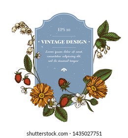 Badge design with colored calendula, lily of the valley, strawberry