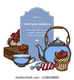 Badge design with colored candies, cupcake, teapots, cups, cake, cake