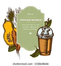 Badge design with colored carrot, basil, pumpkin, smoothie cup
