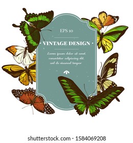 Badge design with colored cethosia biblis, ornithoptera croesus lydius, hebomoia glaucippe, papilio palinurus, stichophthalma howqua, danaus chrysippus, trogonoptera brookiana, papilio torquatus