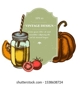 Badge design with colored cherry tomatoes, pumpkin, smothie jars