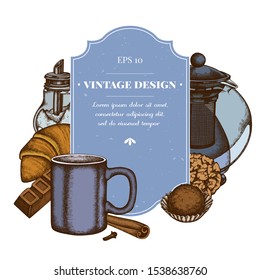Badge design with colored cinnamon, bar, croissants and bread, teapots, cups, sugar bowl, cookie, truffle