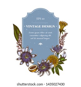 Badge design with colored dandelion, ginger, passion flower