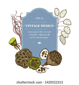 Badge design with colored feather grass, lotus, lunaria