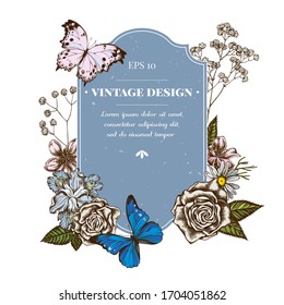 Badge design with colored iris japonica, gypsophila, chamomile, almond, blue morpho, forest mother-of-pearl, roses